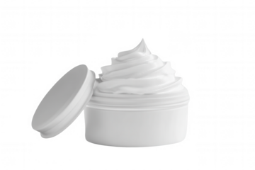 A container is situated against a white background, with the lid opened to reveal a generous swirl of smooth white cream inside. The design is simple and elegant, perfect for skincare or cosmetic use.