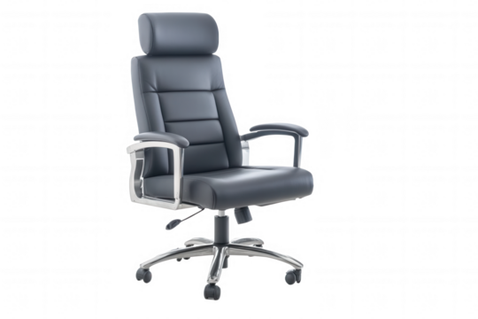 A sleek, modern executive office chair features a high back and cushioned seat for comfort. Its adjustable height and rolling base enhance mobility, making it an ideal choice for long hours of work.