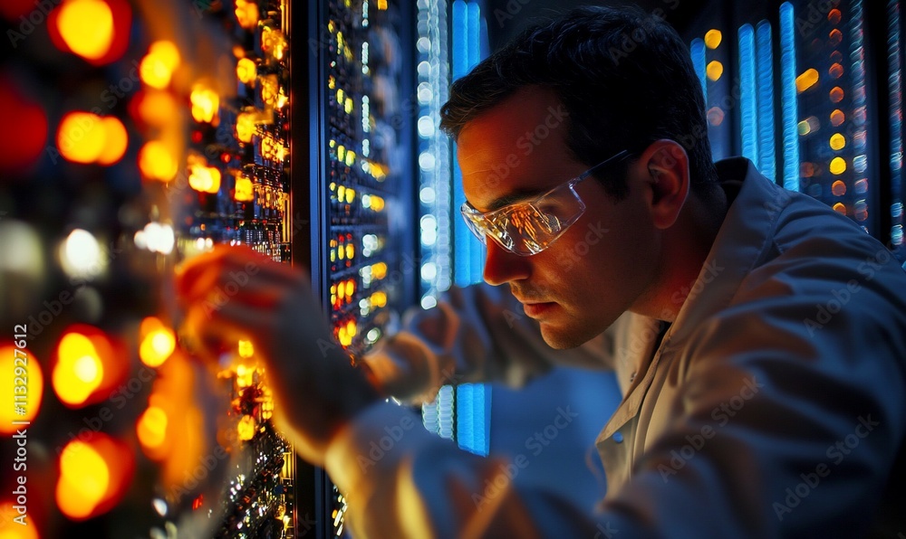 Leinwandbilder technician working on illuminated control panels in a tech environment.