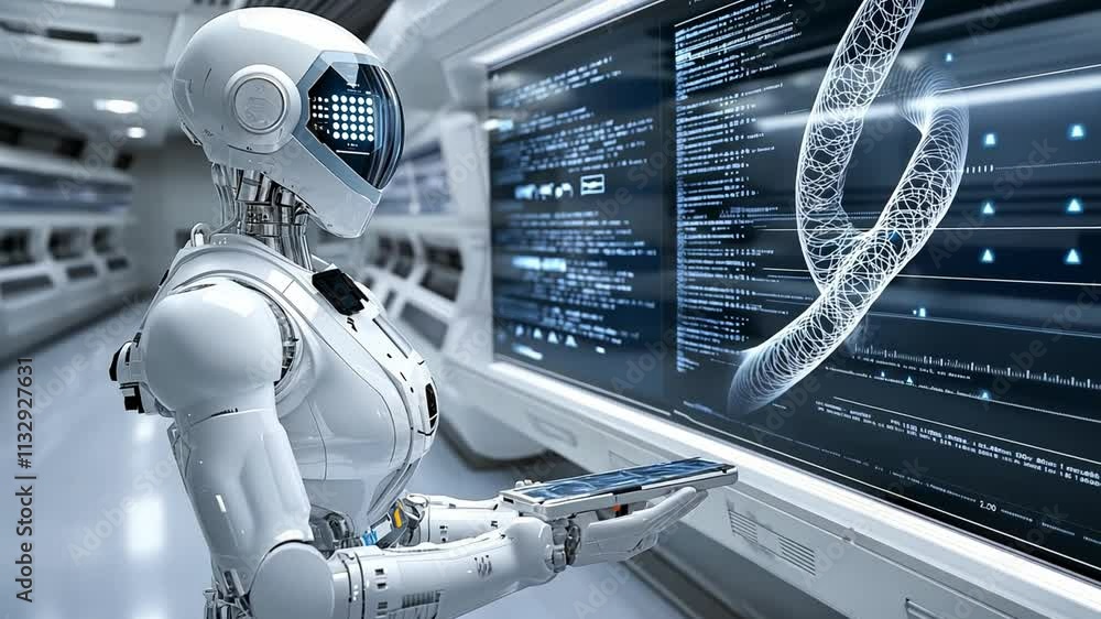 Poster biocomputer assistant in a futuristic lab analyzing complex data displays