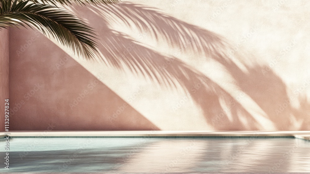 Poster a tranquil pool scene with palm shadows against a soft pink wall.