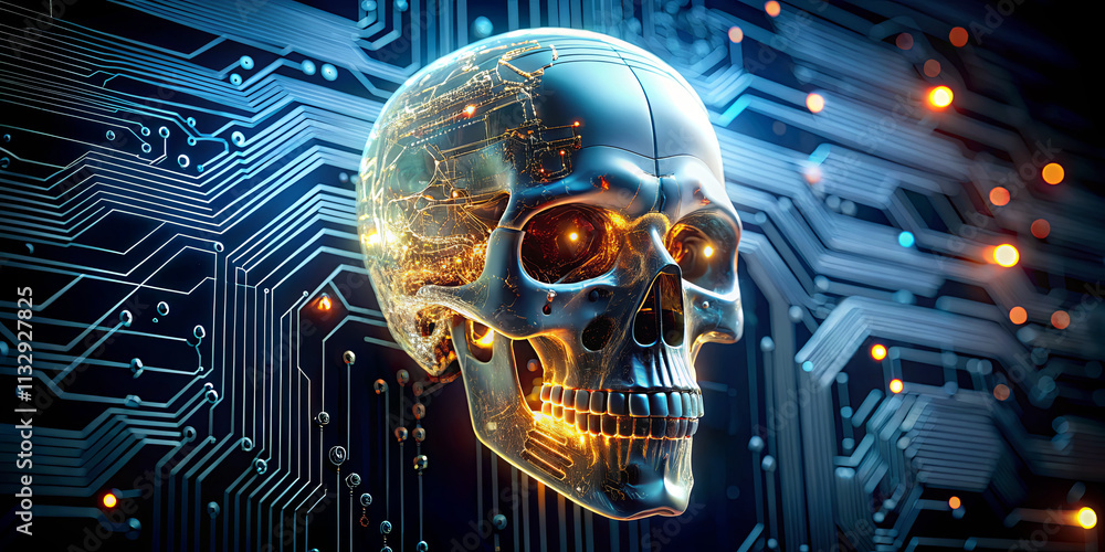 Poster a luminous skull is set against a background of intricate circuit patterns, highlighting the fusion 