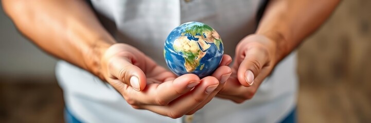 Close-up of hands gently holding a small Earth globe, symbolizing sustainability, global care, unity, and environmental responsibility. Ideal for eco, business, and global awareness concepts.