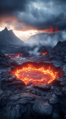 Lava-filled crater in a barren volcanic wasteland
