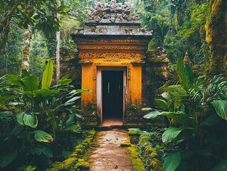 Fototapeta premium Ornate doorway, overgrown jungle path.