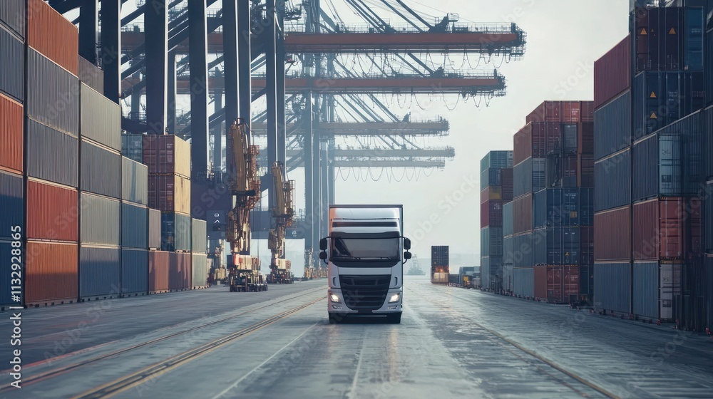 Poster A truck navigating through a container yard filled with shipping containers and cranes.