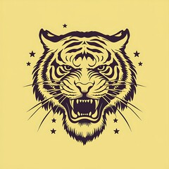 Obraz premium Tiger head vector illustration on yellow background with stars and space for text