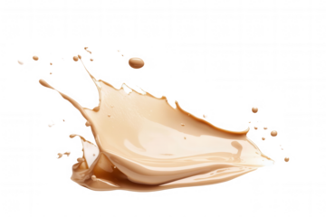 A splash of liquid foundation captures the essence of makeup application. It showcases a creamy texture with droplets flying in different directions against a clean, transparent background, emphasizin