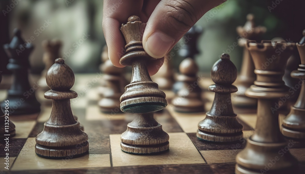 Poster hand moving a wooden chess piece on a classic chessboard amidst thoughtful game strategy in a cozy a