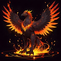 Obraz premium Majestic phoenix rising from fiery waters fantasy realm digital art dark environment dynamic perspective mythical symbolism