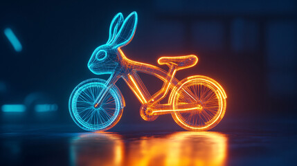 Fototapeta premium A cyber extreme biking icon featuring a glowing rabbit, representing online platforms for analyzing agility and speed in animal movements. 