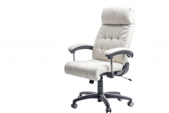 A transparent background highlights a modern white ergonomic office chair with a high back. Its design promotes comfort and support, making it ideal for long hours of work or study at home or in an of