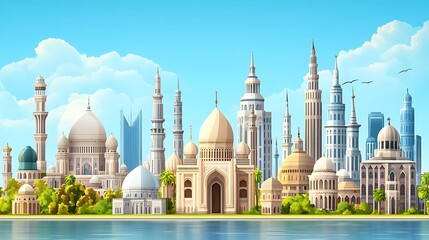 Obraz premium A modern cityscape with various religious buildings such as churches, mosques, temples, and synagogues coexisting harmoniously, representing the evolution and diversity of world religions 