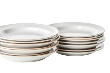 A collection of white plates arranged in a neat stack, featuring a delicate gold trim along the edges. The plates are isolated on a transparent background, showcasing their elegant design suitable for
