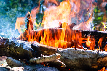 Burning firewood on a picnic in nature