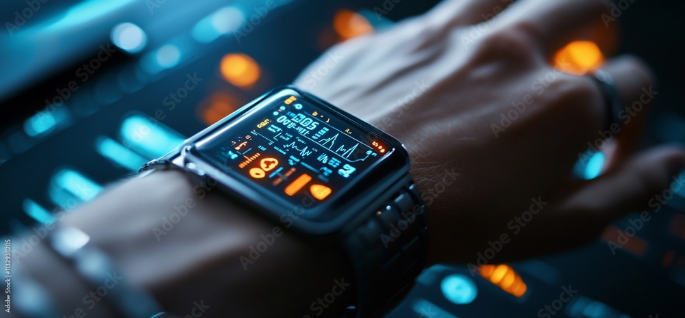 Poster A close-up of a smartwatch displaying data on a tech interface.