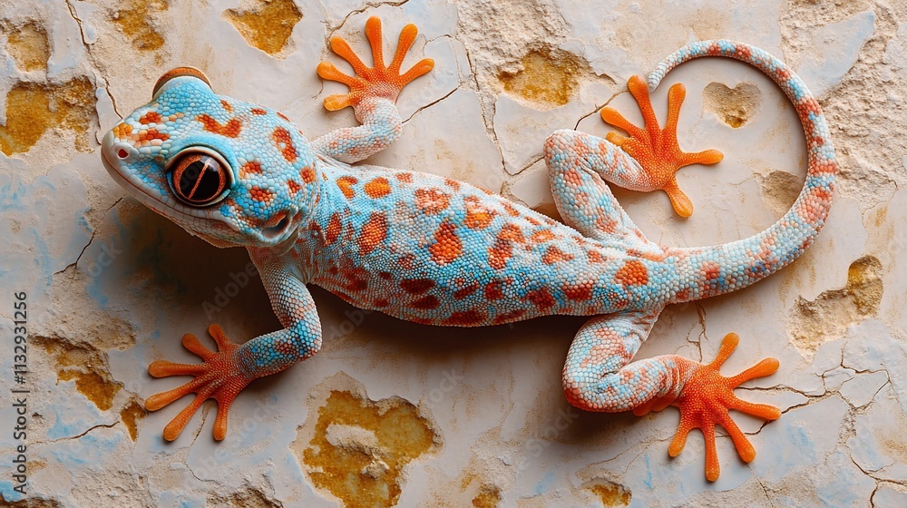Poster a colorful gecko with vibrant patterns resting on a textured surface.