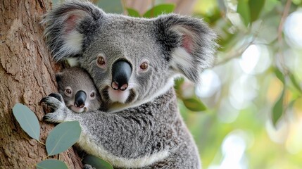 Naklejka premium Tender Moment of Koala With Joey on Tree