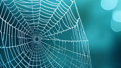 Spider web close up with dew drops on blue teal background