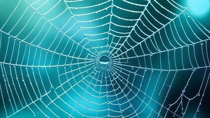 Fototapeta premium Spider web close up with dew drops on blue teal background