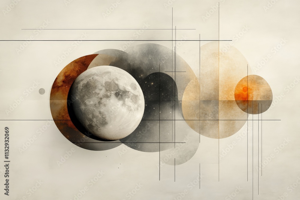Poster cosmic artwork featuring moon and sun with abstract shapes and soft colors in a minimalist design