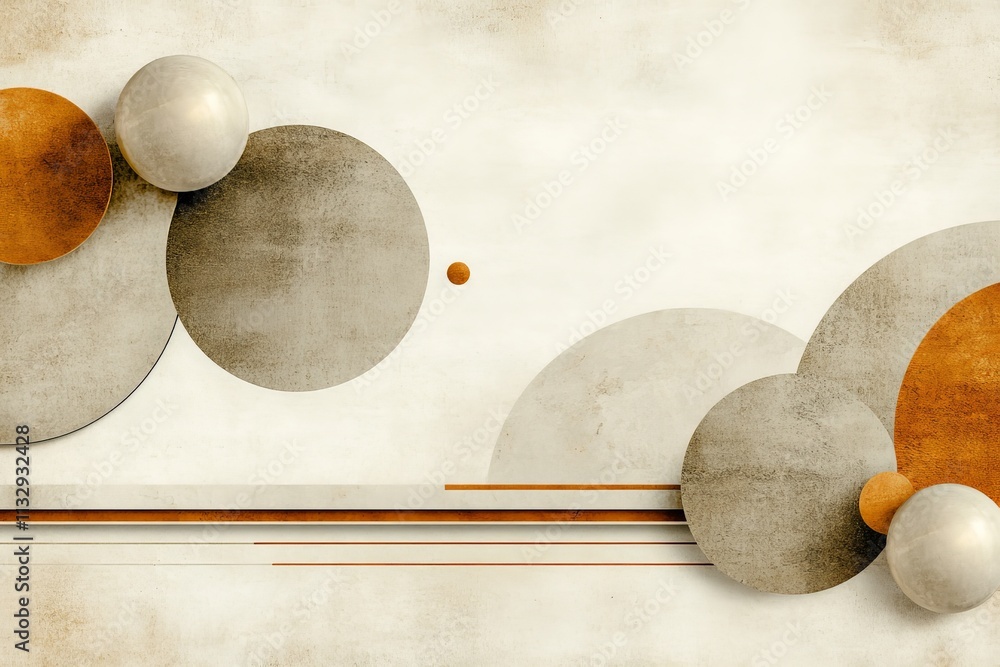 Poster abstract design featuring circles and lines in warm tones and muted colors on a textured background