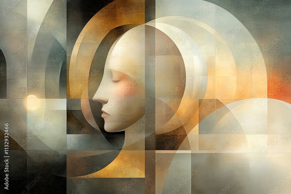 Poster artistic representation of a serene profile blending abstract shapes and warm colors in a contempora