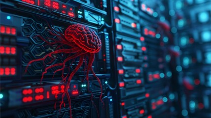 Cybernetic Brain in Server Room: A mesmerizing digital art image showcasing a glowing red brain, seemingly connected to a network of servers in a futuristic data center.