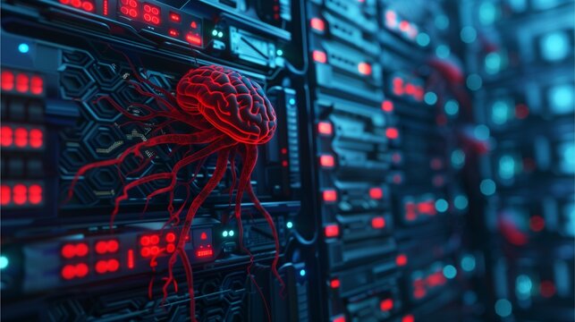 Cybernetic Brain in Server Room: A mesmerizing digital art image showcasing a glowing red brain, seemingly connected to a network of servers in a futuristic data center.