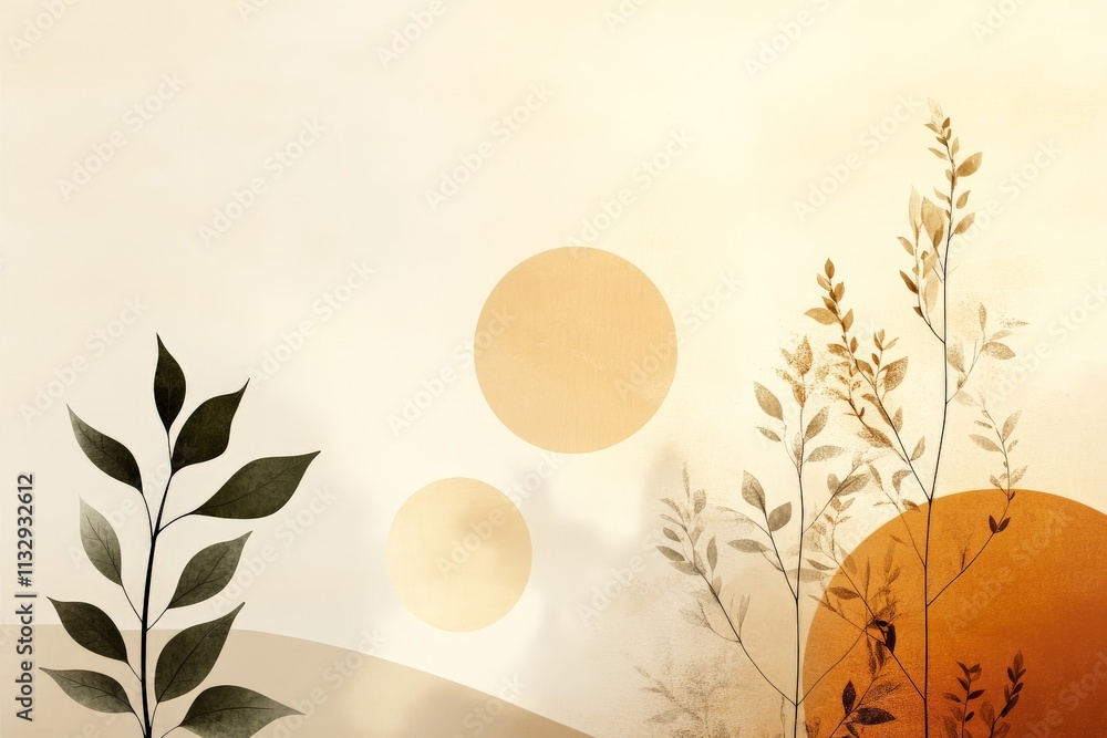 Poster abstract depiction of foliage with circular shapes and warm colors in a tranquil setting during sunr