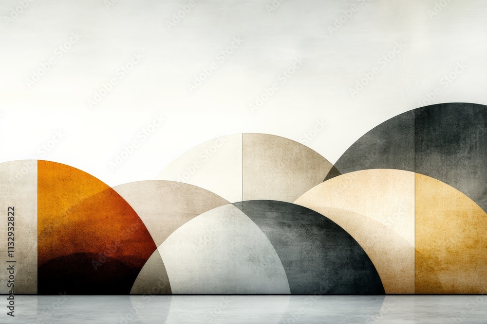 Poster abstract geometric design featuring curved shapes in muted tones on a flat surface with a light back