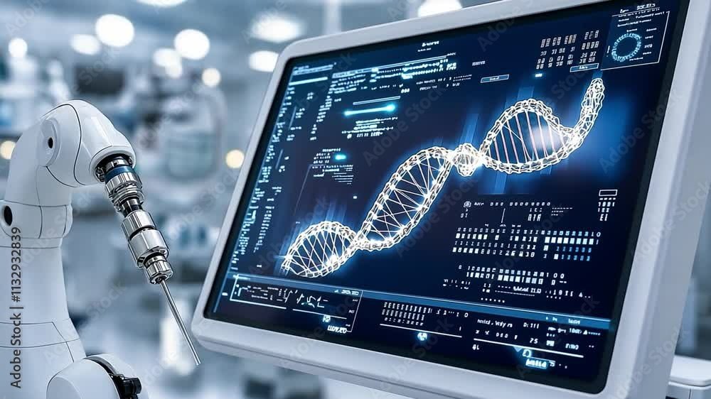 Poster innovative biocomputer technology displaying dna analysis in a modern laboratory setting