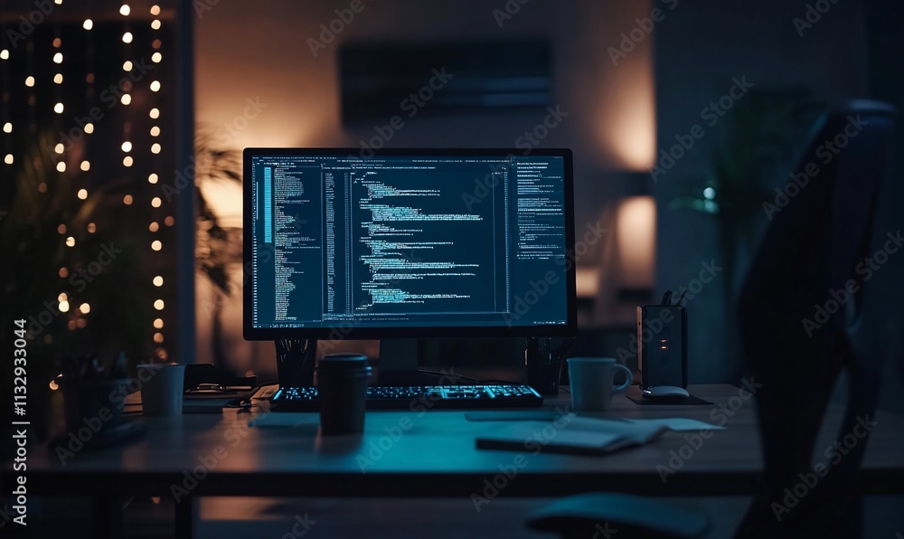 Aufkleber A dimly lit workspace with a computer displaying code and coffee cups.