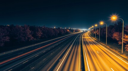 Traffic on highway at night with moving lights, slow shutter speed of cars and city lights.
