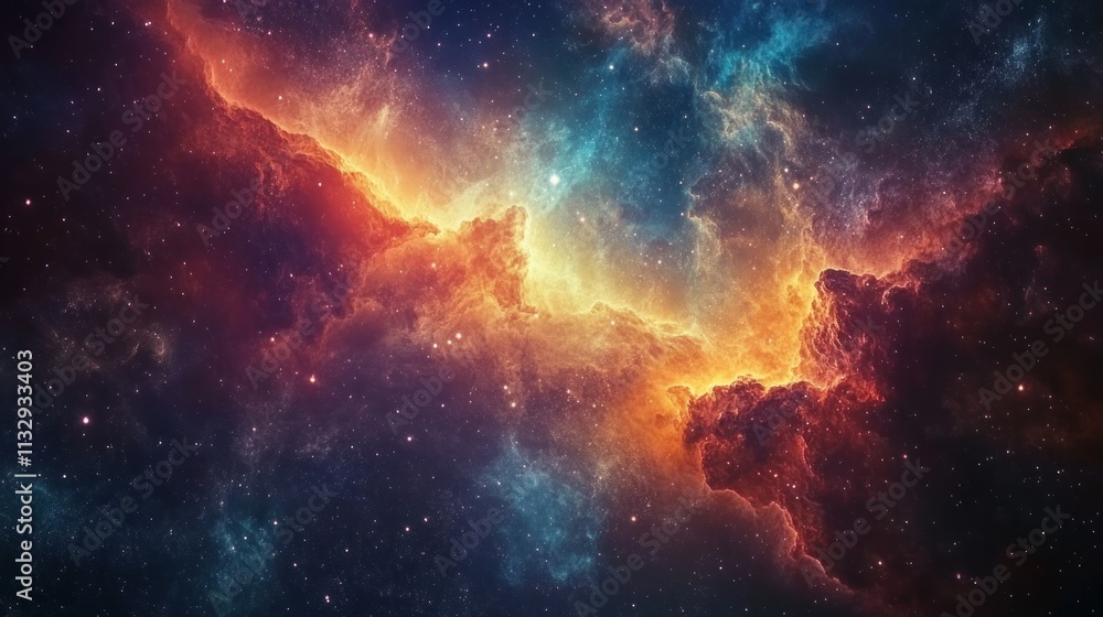 Poster A vibrant cosmic scene showcasing colorful nebulae and stars in a vast universe.