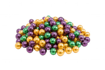 A pile of decorative beads showcases an array of vibrant colors, including purple, gold, and green. Ideal for arts and crafts, celebrations, or festive decorations, these beads add a playful touch to 