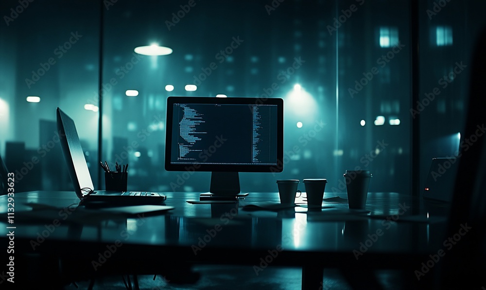 Poster a dimly lit workspace featuring a computer and coffee cups at night.
