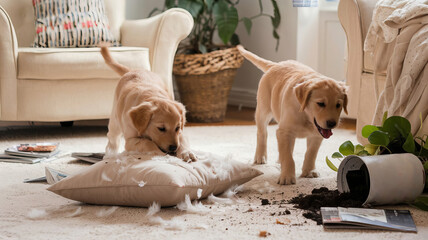 Golden Retriever puppy is playing and destroying things in the living room.