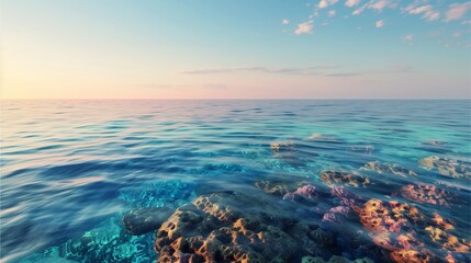Obraz premium A peaceful sunset view over the ocean with reflections on the water and clouds in the sky