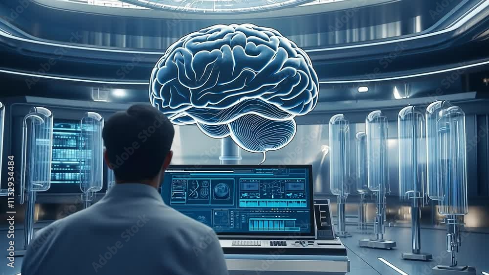 Poster scientist exploring the future of biocomputing in a high-tech laboratory environment