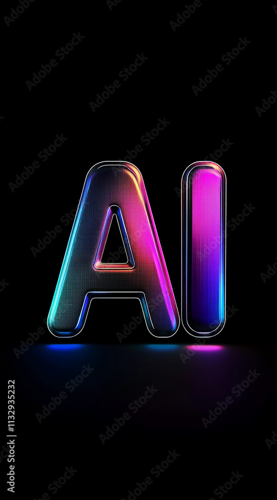 Poster colorful glowing letters representing artificial intelligence on a dark background