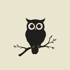 Obraz premium Silhouette of a wise owl perched on a branch, large eyes as cutouts on a solid white background