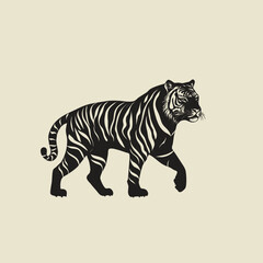 Obraz premium Silhouette of a prowling tiger with sleek stripes subtly embedded into the shape on a solid white background