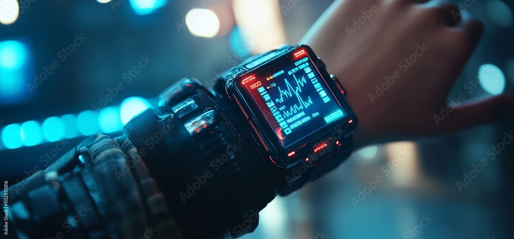 Poster a futuristic smartwatch displaying data on a wrist in a neon-lit environment.