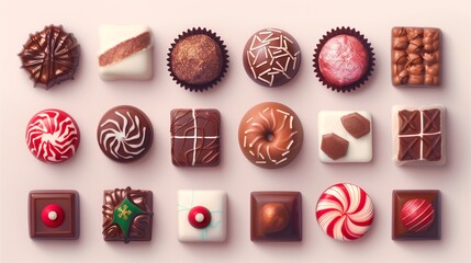 A Festive Collection of Exquisite Chocolates: An assortment of artisan chocolates, each a miniature work of art, arranged in a delightful grid. Perfect for holiday baking, gift-giving.