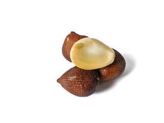 Selective focus on snake fruit or buah salak or Salacca zalacca isolated on white background.