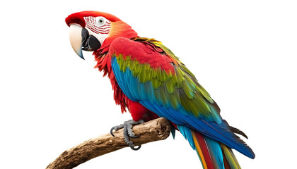Fototapeta premium a red macaw parrot with beautiful plumage sitting on a perch isolated on a white background birds ornithology ecology