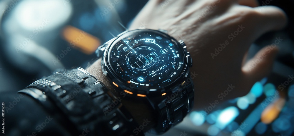 Poster A futuristic smartwatch displaying intricate digital data and graphics.