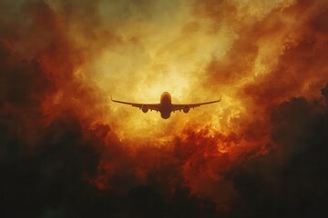 Naklejka premium Sunset Sky with Airplane Silhouette and Dramatic Clouds
