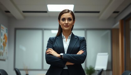 Fototapeta premium Confident female executive in a modern office. Strong leadership, success, and empowerment concept. Ideal for corporate, business, career, and professional growth themes.